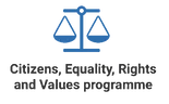 Logo of Citizens, Equality, Rights and Values Program. Old fashioned weight scale with text underneath.